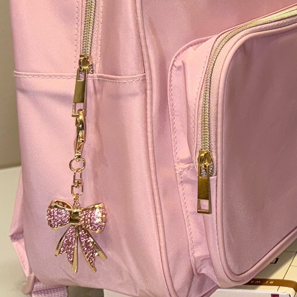 Pink Backpack with Pearl Straps and Rhinestone Bow - Picture 7 of 7